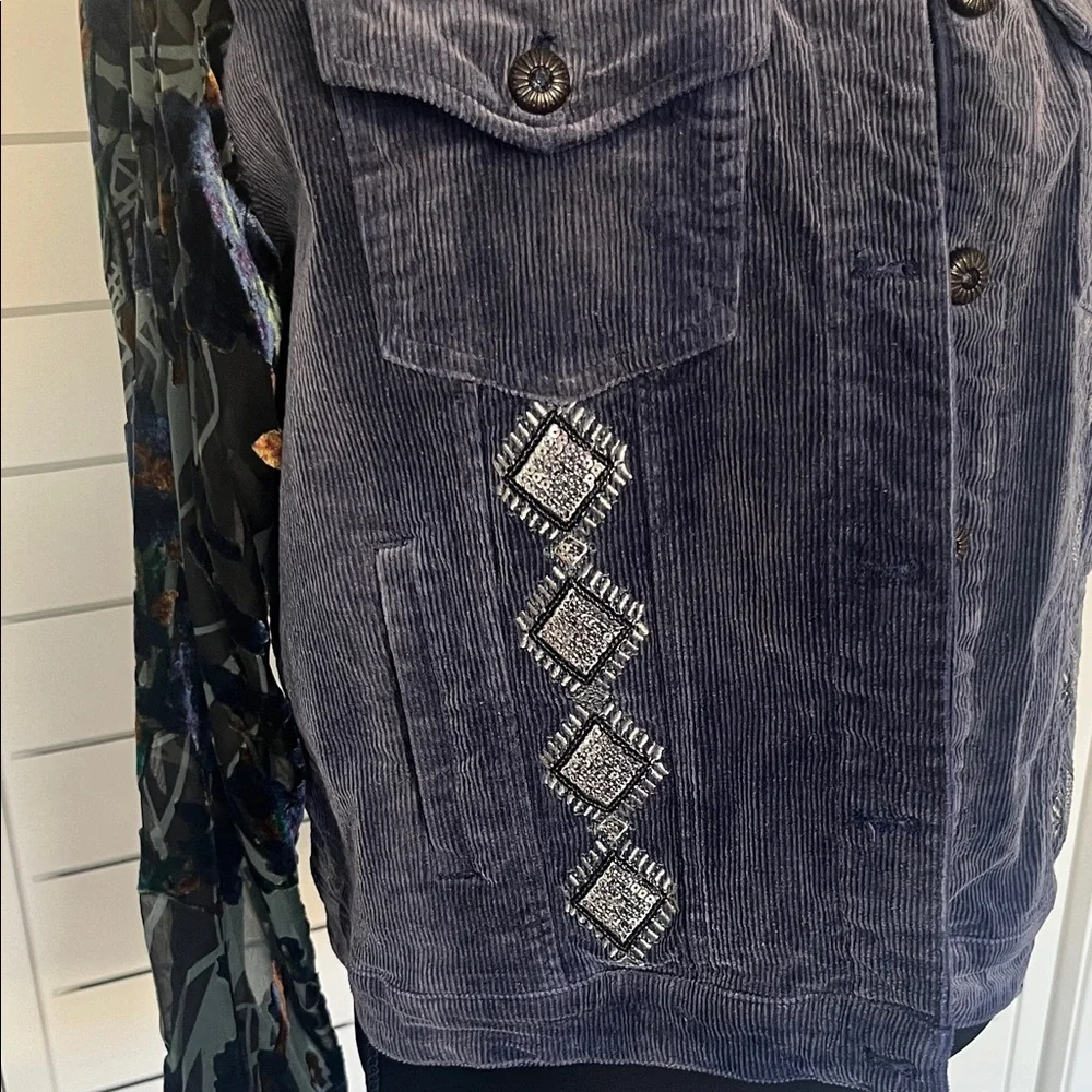 John Mark Jacket Dark Blue Corduroy Beaded Velvet Burnout Sleeves Medium - Picture 4 of 13